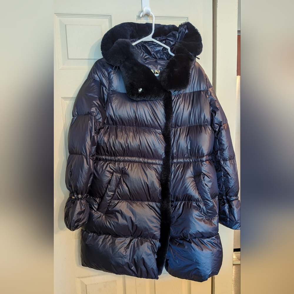 Violanti Luxurious Metallic Navy Blue Puffer Coat Size 12
